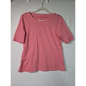 Talbots Women's‎ M Petite Red White Striped Top Short Sleeve Scallop Neckline